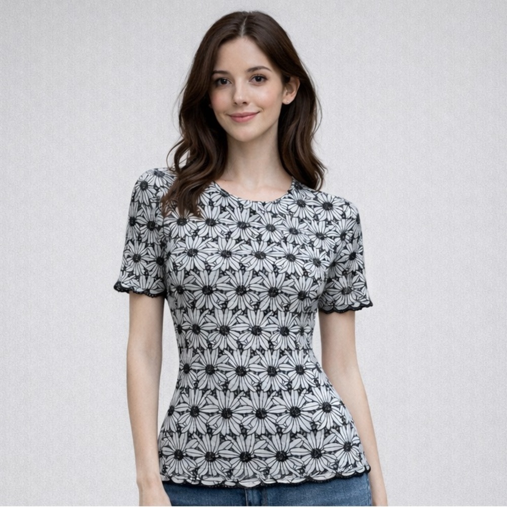 J. McLaughlin Black and White Floral Blouse 100% Cotton - Picture 2 of 6